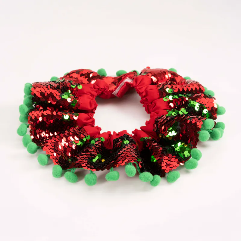 Red Sequins Christmas Collar with Green Pom Pom