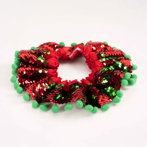 Red Sequins Christmas Collar with Green Pom Pom